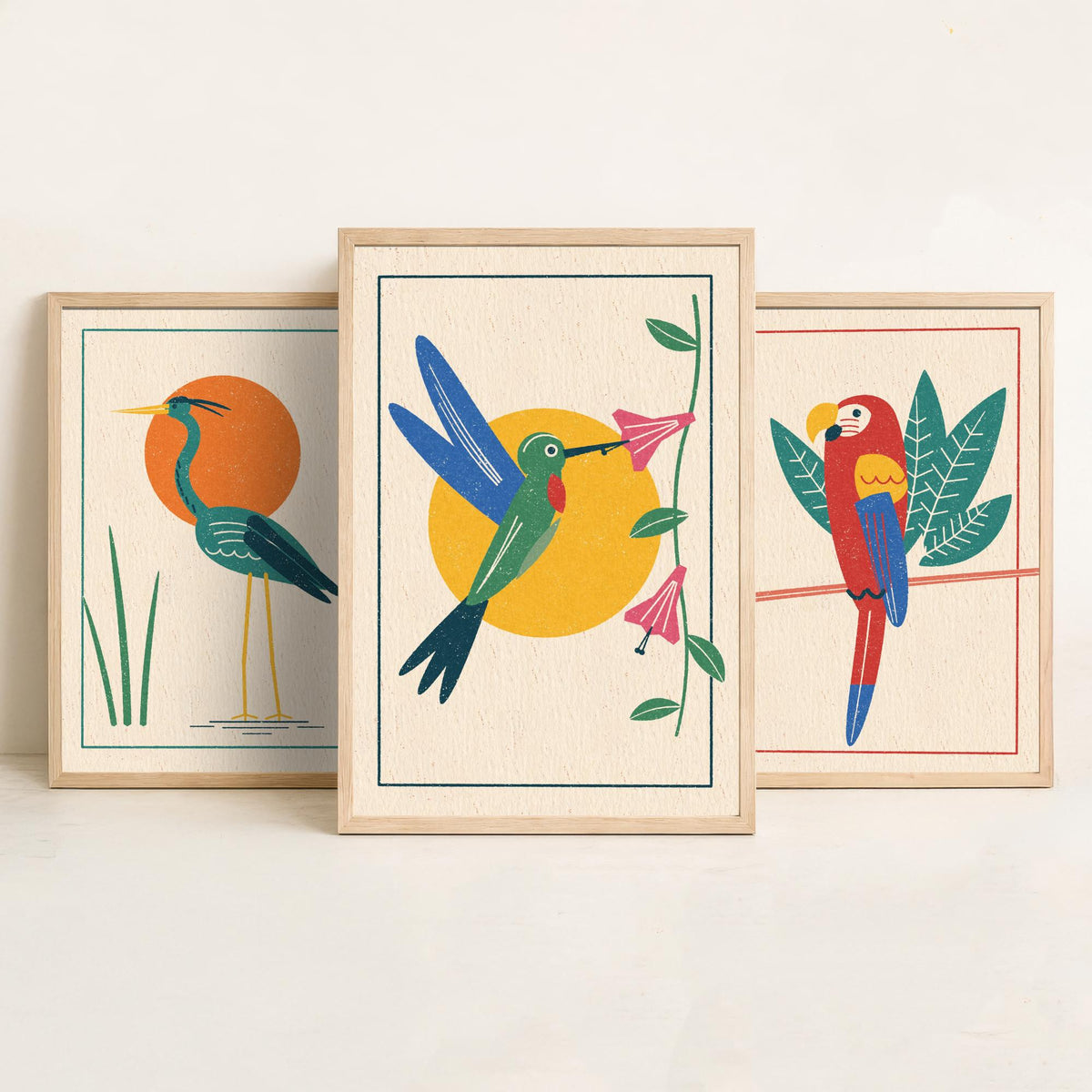 Tropical Bird Set of Three Art Prints - Heron, Macaw, Hummingbird - Linocut Style Poster Illustration V2