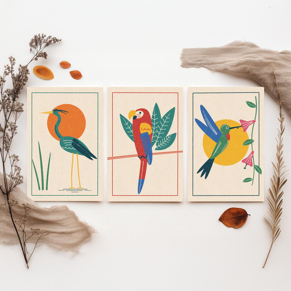 Tropical Bird Set of Three Art Prints - Heron, Macaw, Hummingbird - Linocut Style Poster Illustration V2