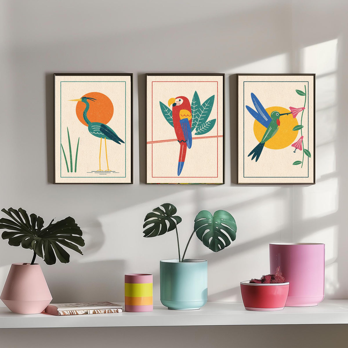Tropical Bird Set of Three Art Prints - Heron, Macaw, Hummingbird - Linocut Style Poster Illustration V2