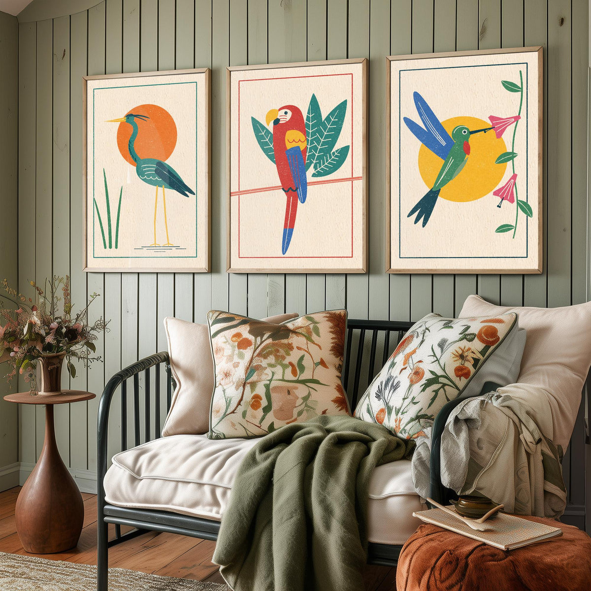 Tropical Bird Set of Three Art Prints - Heron, Macaw, Hummingbird - Linocut Style Poster Illustration V2