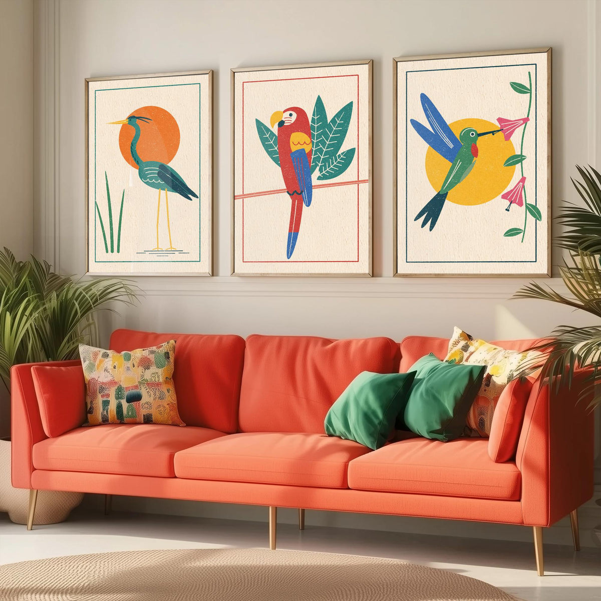 Tropical Bird Set of Three Art Prints - Heron, Macaw, Hummingbird - Linocut Style Poster Illustration V2