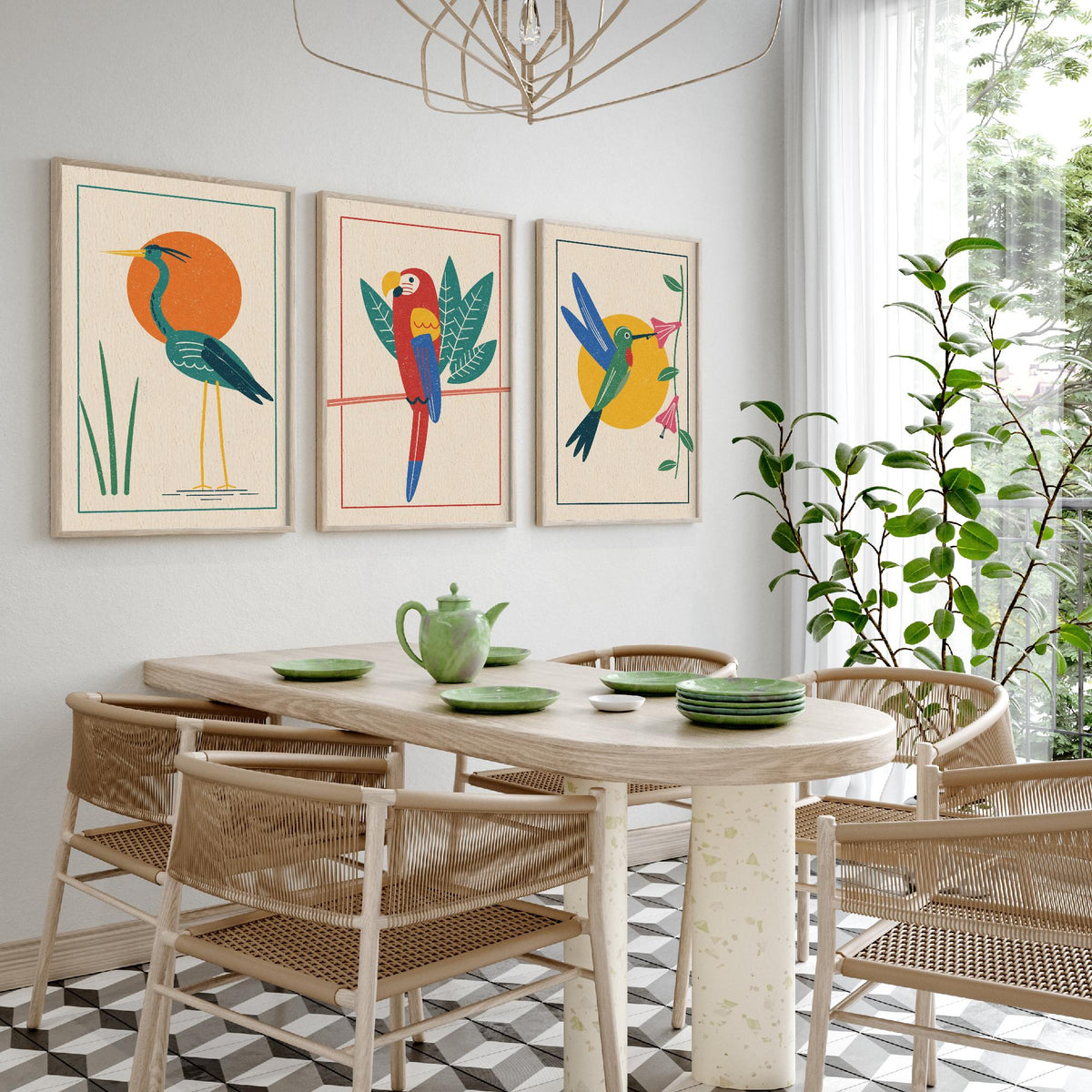 Tropical Bird Set of Three Art Prints - Heron, Macaw, Hummingbird - Linocut Style Poster Illustration V2