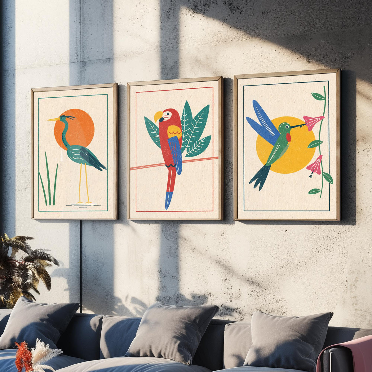Tropical Bird Set of Three Art Prints - Heron, Macaw, Hummingbird - Linocut Style Poster Illustration V2