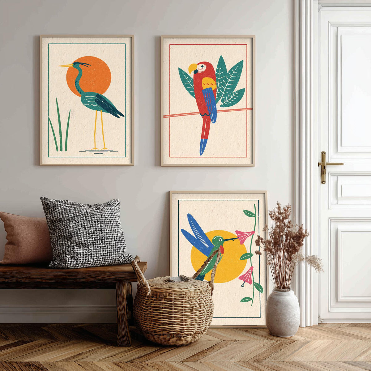 Tropical Bird Set of Three Art Prints - Heron, Macaw, Hummingbird - Linocut Style Poster Illustration V2