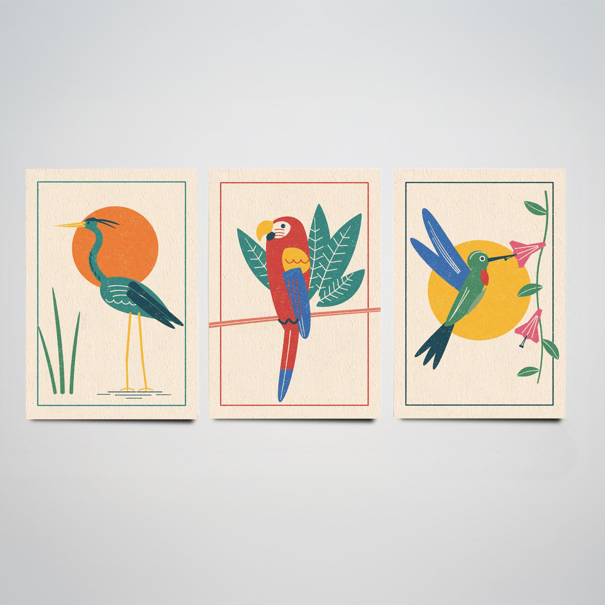 Tropical Bird Set of Three Art Prints - Heron, Macaw, Hummingbird - Linocut Style Poster Illustration V2
