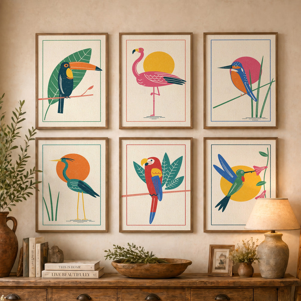 Set of Six Tropical Bird Art Prints - 6 Linocut Style Posters - Toucan, Flamingo, Kingfisher, Heron, Macaw, Hummingbird Illustration