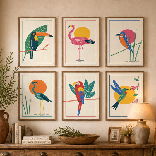 Set of Six Tropical Bird Art Prints - 6 Linocut Style Posters - Toucan, Flamingo, Kingfisher, Heron, Macaw, Hummingbird Illustration