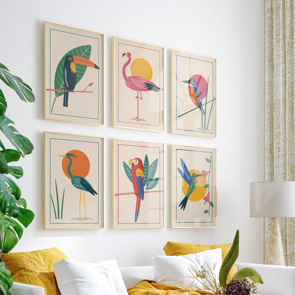 Set of Six Tropical Bird Art Prints - 6 Linocut Style Posters - Toucan, Flamingo, Kingfisher, Heron, Macaw, Hummingbird Illustration