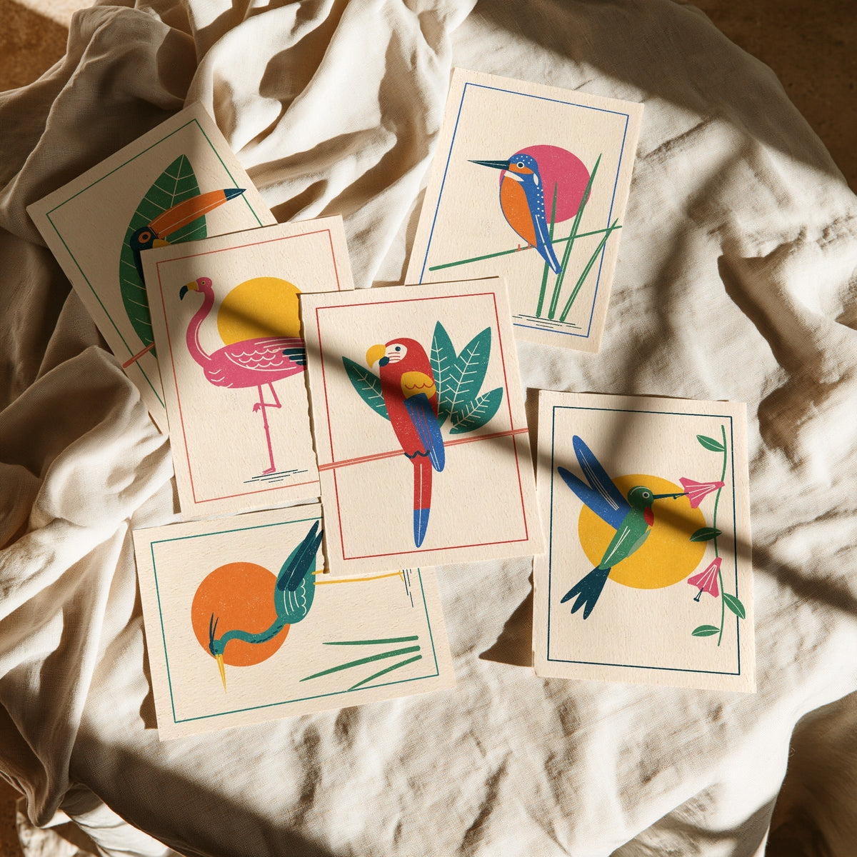 Set of Six Tropical Bird Art Prints - 6 Linocut Style Posters - Toucan, Flamingo, Kingfisher, Heron, Macaw, Hummingbird Illustration