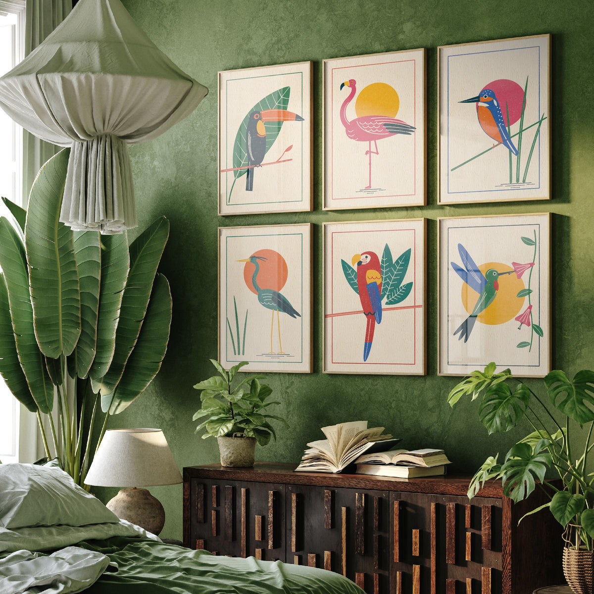 Set of Six Tropical Bird Art Prints - 6 Linocut Style Posters - Toucan, Flamingo, Kingfisher, Heron, Macaw, Hummingbird Illustration