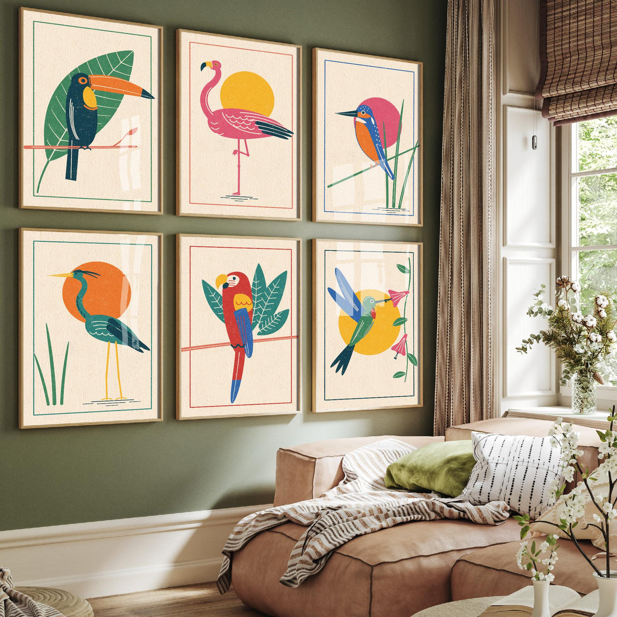Set of Six Tropical Bird Art Prints - 6 Linocut Style Posters - Toucan, Flamingo, Kingfisher, Heron, Macaw, Hummingbird Illustration
