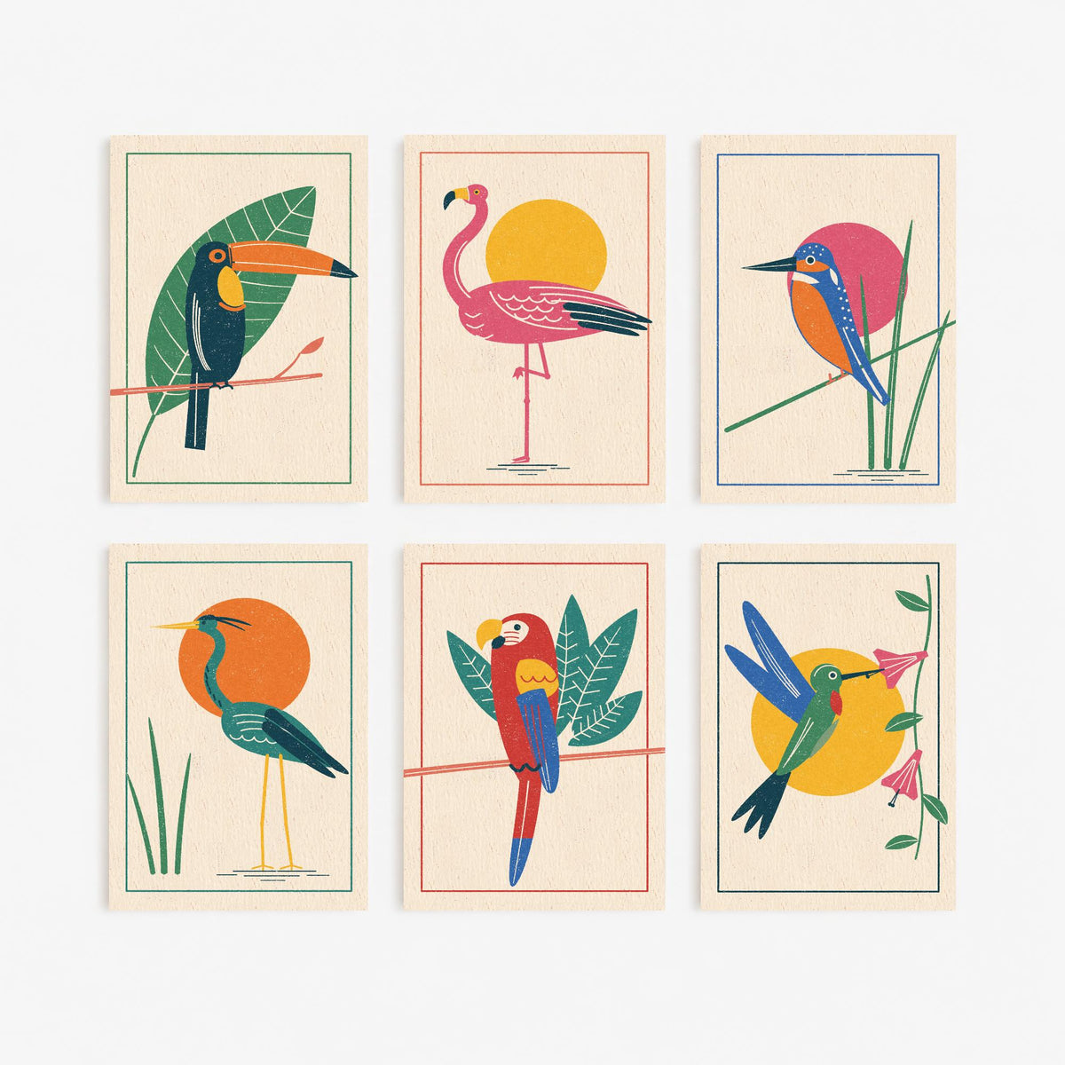 Set of Six Tropical Bird Art Prints - 6 Linocut Style Posters - Toucan, Flamingo, Kingfisher, Heron, Macaw, Hummingbird Illustration