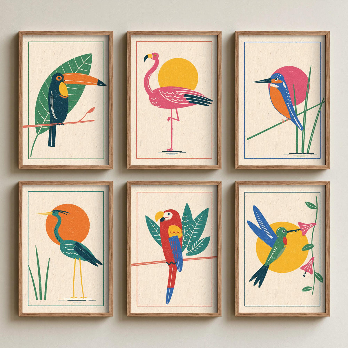 Set of Six Tropical Bird Art Prints - 6 Linocut Style Posters - Toucan, Flamingo, Kingfisher, Heron, Macaw, Hummingbird Illustration