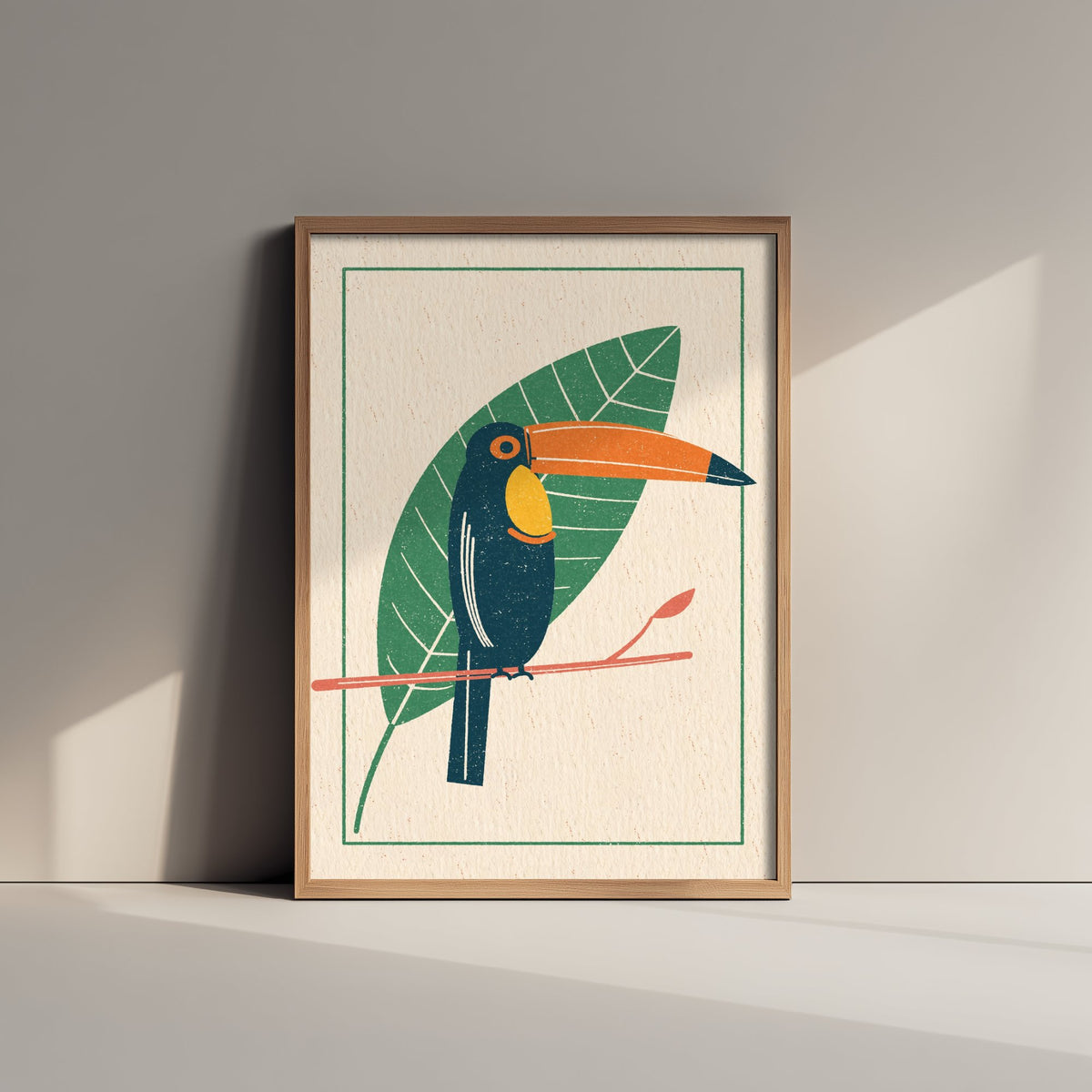 Toucan Art Print - Giant Leaf Tropical Bird Poster - Linocut Style Woodcut Illustration V1 1/3