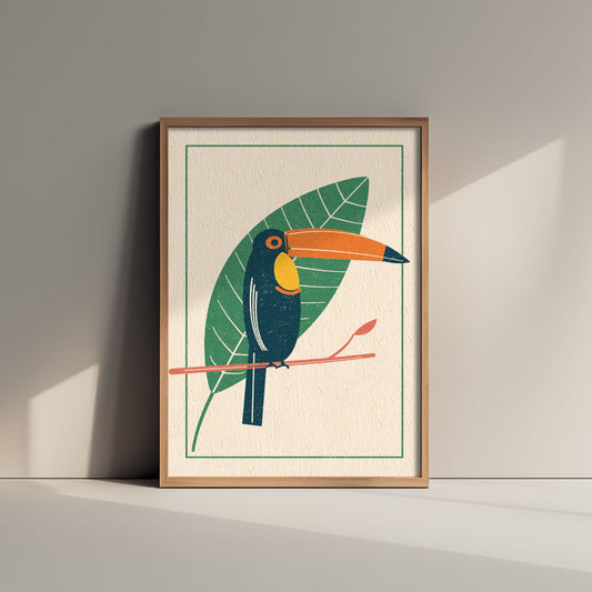 Toucan Art Print - Giant Leaf Tropical Bird Poster - Linocut Style Woodcut Illustration V1 1/3