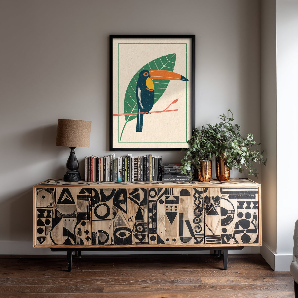 Toucan Art Print - Giant Leaf Tropical Bird Poster - Linocut Style Woodcut Illustration V1 1/3