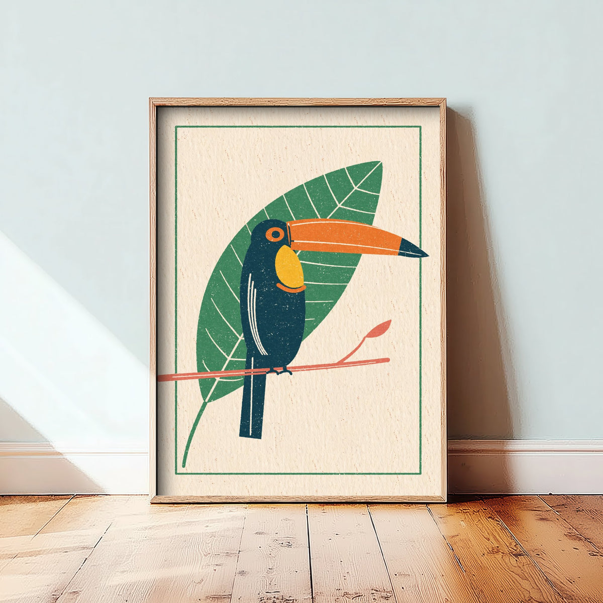 Toucan Art Print - Giant Leaf Tropical Bird Poster - Linocut Style Woodcut Illustration V1 1/3