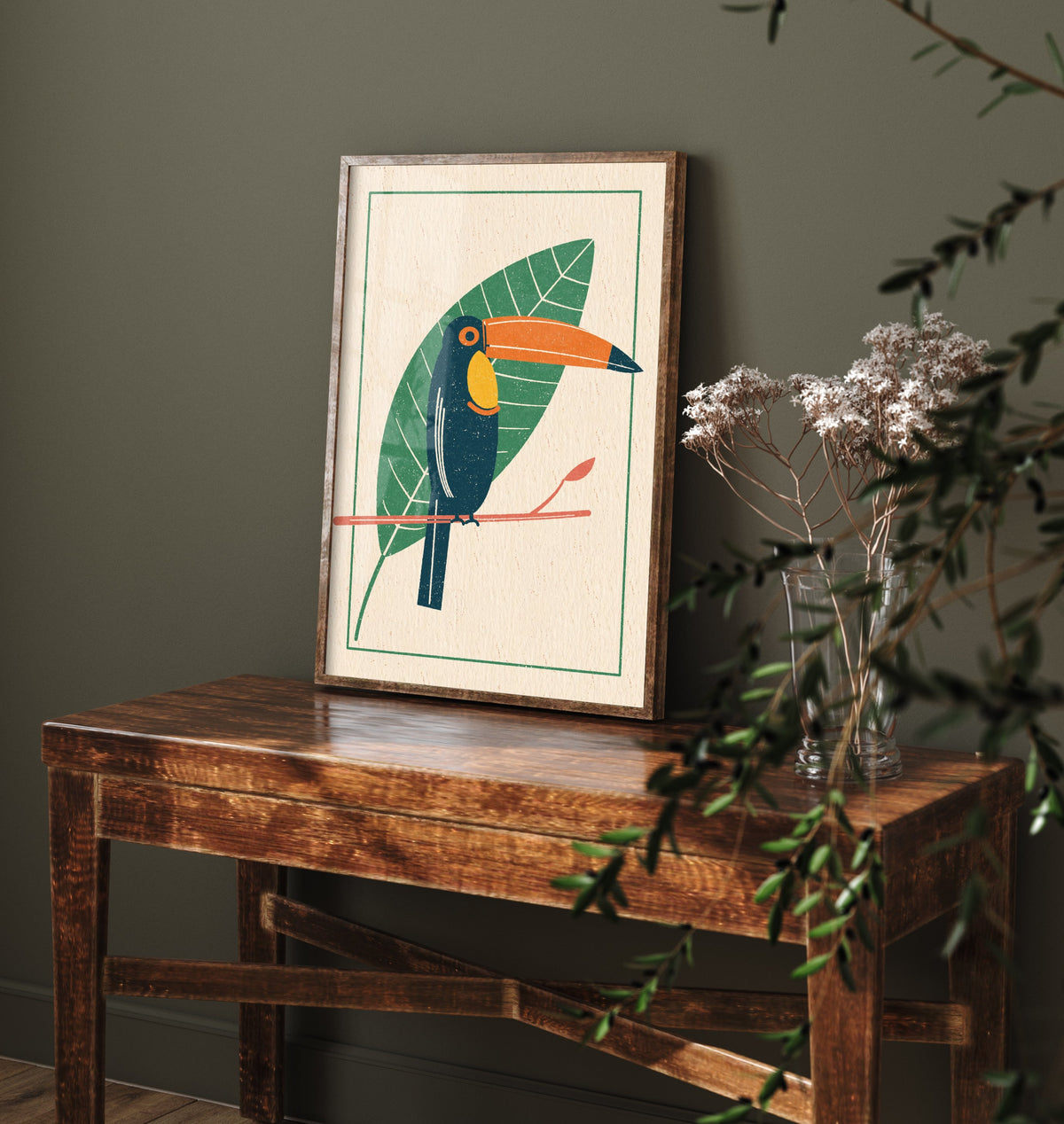 Toucan Art Print - Giant Leaf Tropical Bird Poster - Linocut Style Woodcut Illustration V1 1/3