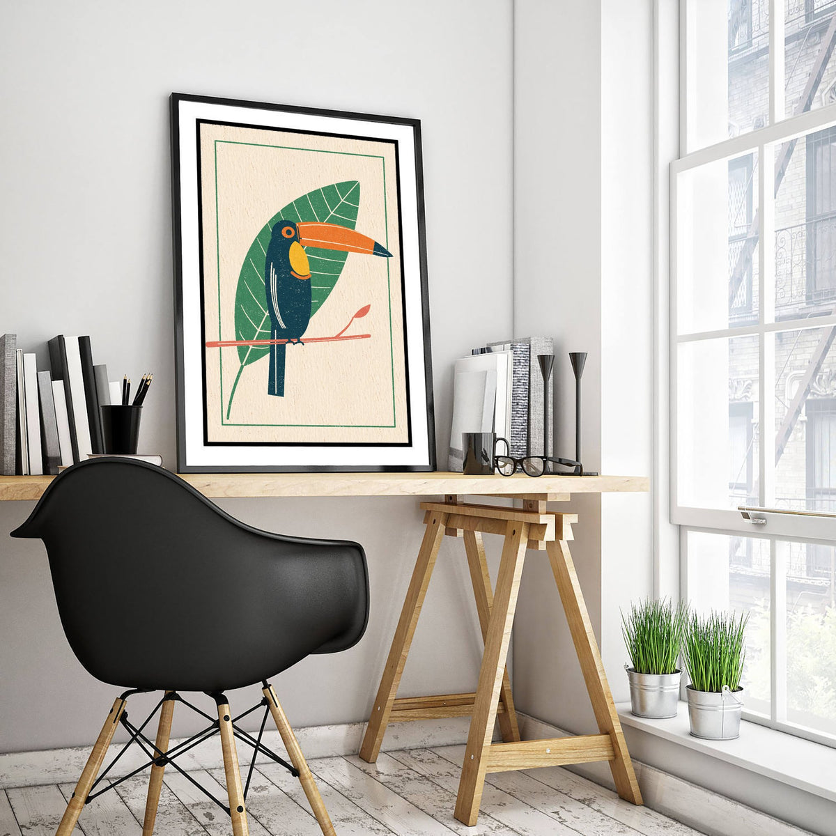 Toucan Art Print - Giant Leaf Tropical Bird Poster - Linocut Style Woodcut Illustration V1 1/3
