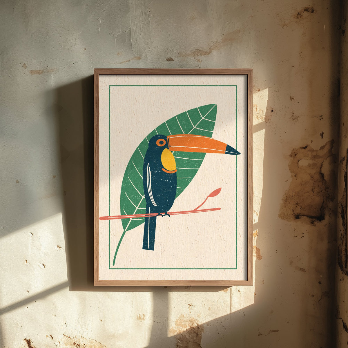 Toucan Art Print - Giant Leaf Tropical Bird Poster - Linocut Style Woodcut Illustration V1 1/3