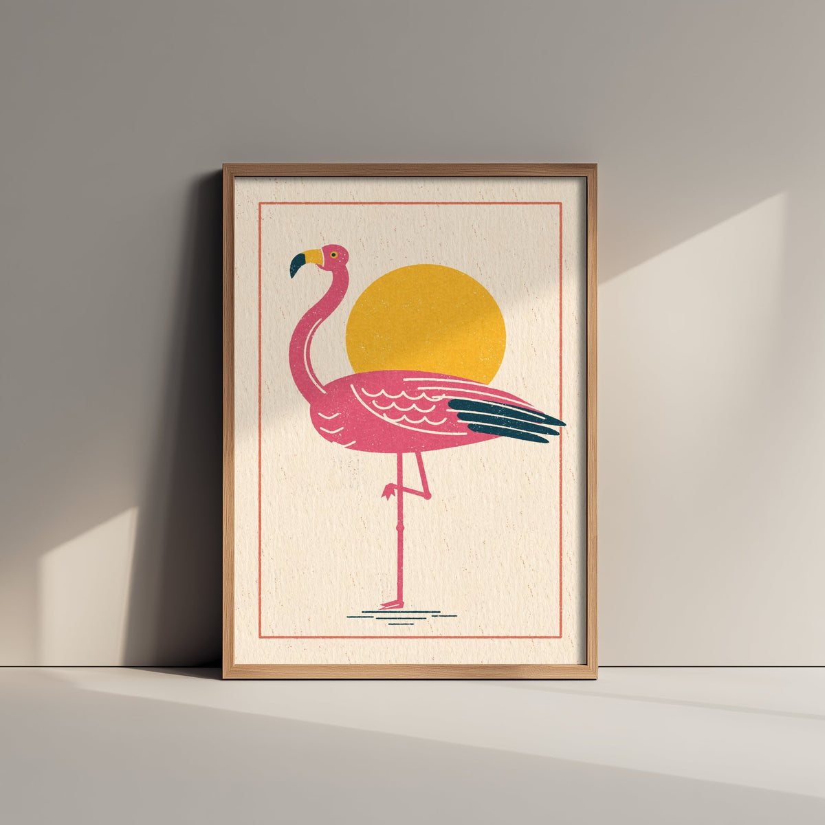 Pink Flamingo Poster - Yellow Sun One Leg Bird Art Print - Retro Linocut Woodcut Illustration V1 2/3