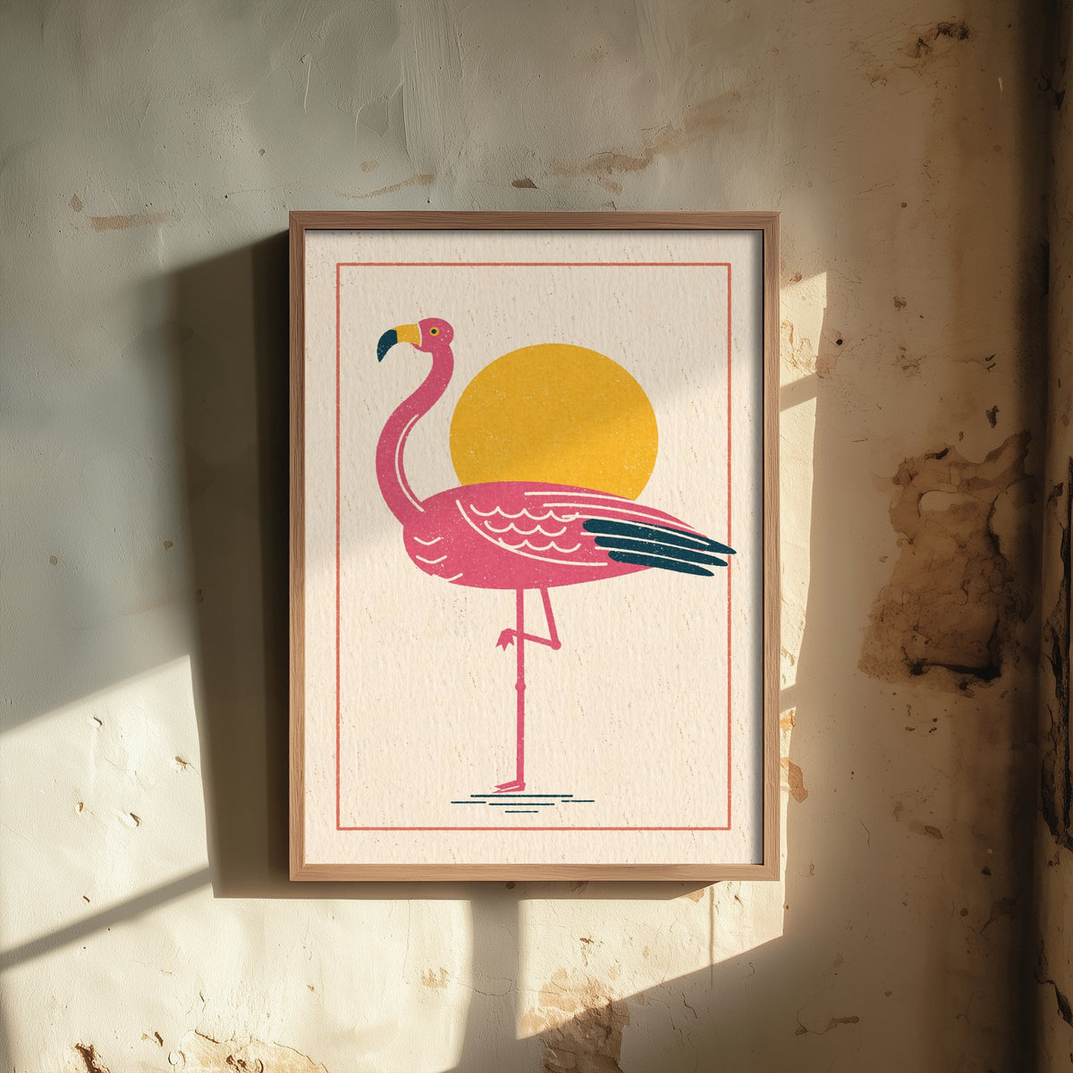 Pink Flamingo Poster - Yellow Sun One Leg Bird Art Print - Retro Linocut Woodcut Illustration V1 2/3