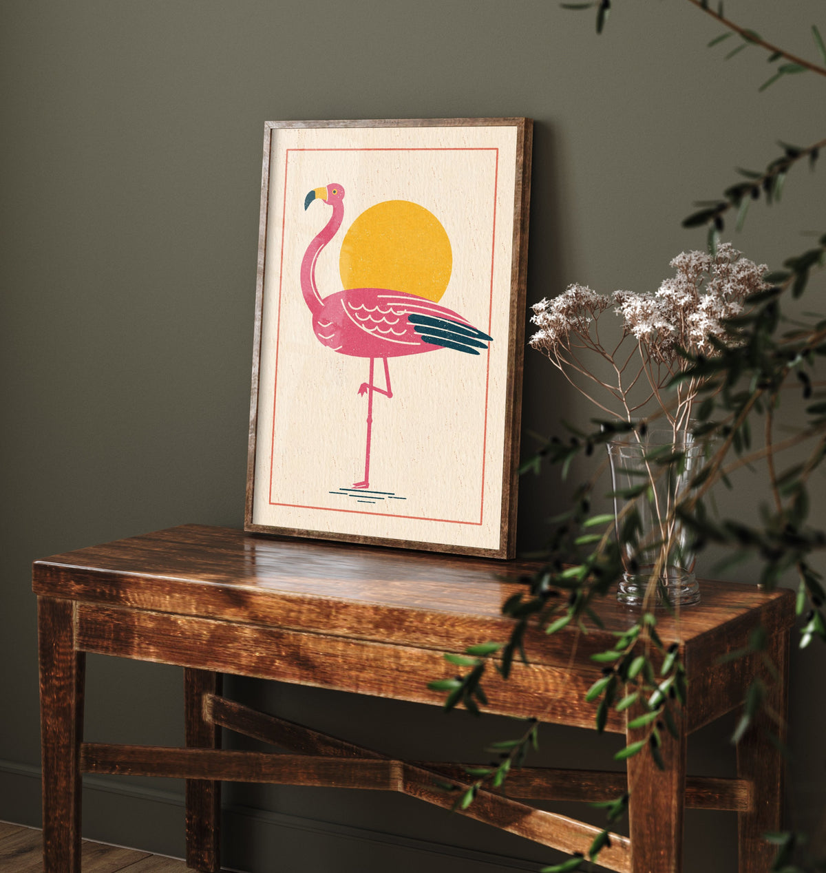 Pink Flamingo Poster - Yellow Sun One Leg Bird Art Print - Retro Linocut Woodcut Illustration V1 2/3