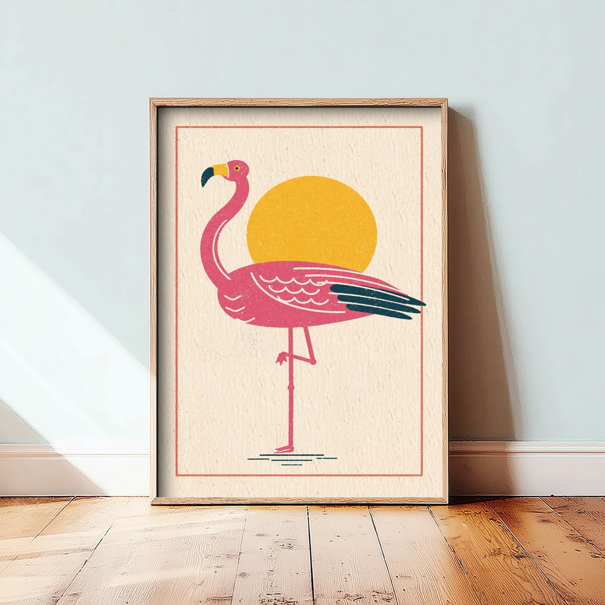 Pink Flamingo Poster - Yellow Sun One Leg Bird Art Print - Retro Linocut Woodcut Illustration V1 2/3