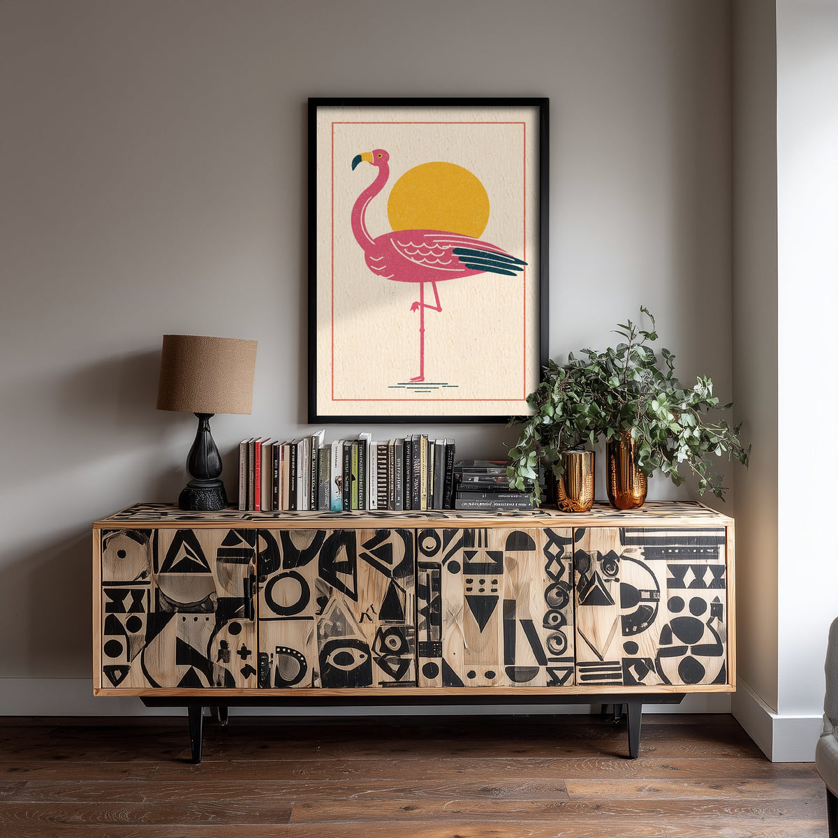 Pink Flamingo Poster - Yellow Sun One Leg Bird Art Print - Retro Linocut Woodcut Illustration V1 2/3
