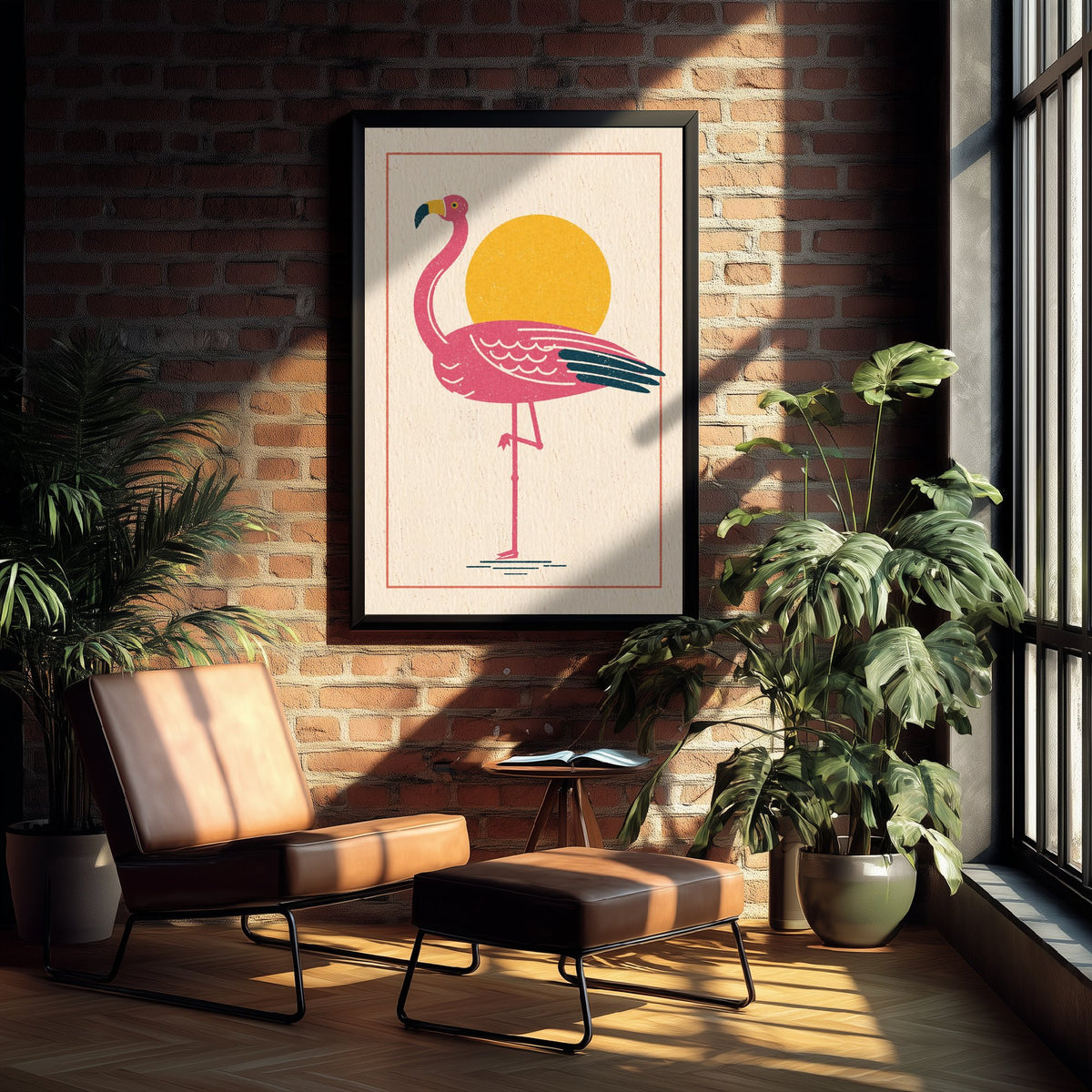 Pink Flamingo Poster - Yellow Sun One Leg Bird Art Print - Retro Linocut Woodcut Illustration V1 2/3
