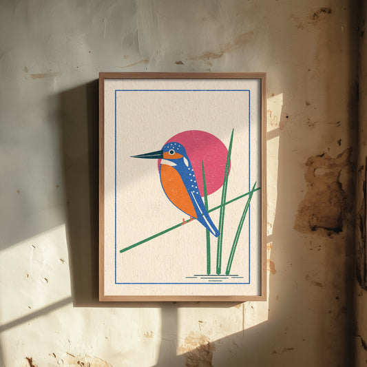 Kingfisher Art Print - Riverside Reeds Bird Poster - Pink Sun Linocut Style Woodcut Illustration V1 3/3