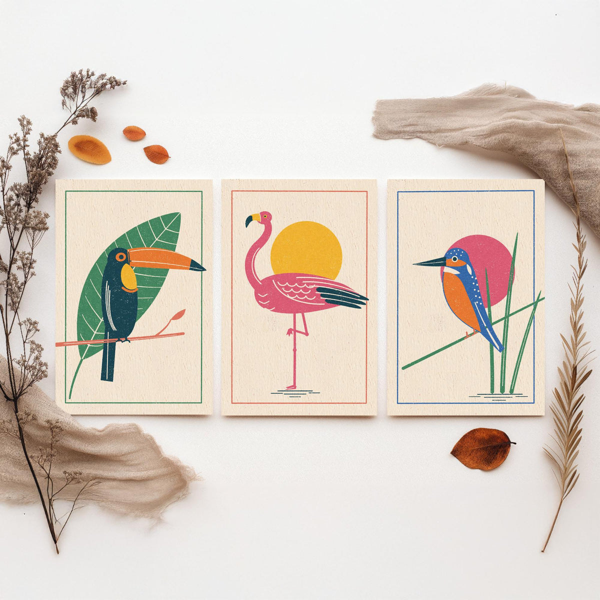 Tropical Bird Set of Three Art Prints - Toucan, Flamingo, Kingfisher - Linocut Style Poster Illustration V1