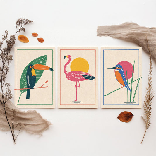 Tropical Bird Set of Three Art Prints - Toucan, Flamingo, Kingfisher - Linocut Style Poster Illustration V1