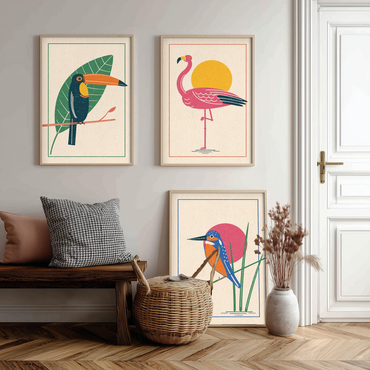 Tropical Bird Set of Three Art Prints - Toucan, Flamingo, Kingfisher - Linocut Style Poster Illustration V1