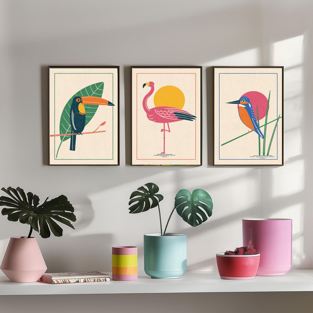 Tropical Bird Set of Three Art Prints - Toucan, Flamingo, Kingfisher - Linocut Style Poster Illustration V1