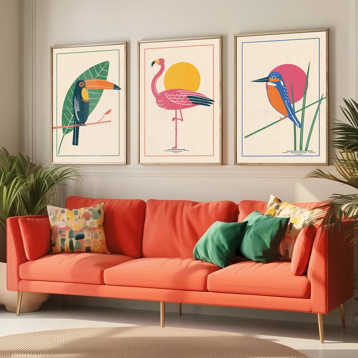 Tropical Bird Set of Three Art Prints - Toucan, Flamingo, Kingfisher - Linocut Style Poster Illustration V1