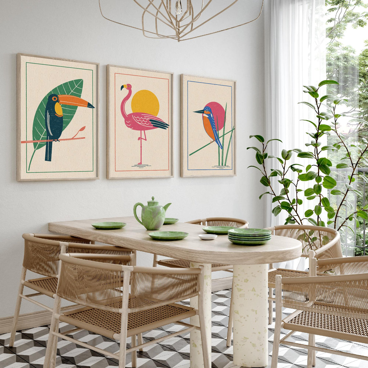 Tropical Bird Set of Three Art Prints - Toucan, Flamingo, Kingfisher - Linocut Style Poster Illustration V1