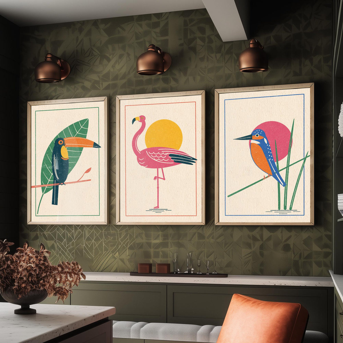 Tropical Bird Set of Three Art Prints - Toucan, Flamingo, Kingfisher - Linocut Style Poster Illustration V1