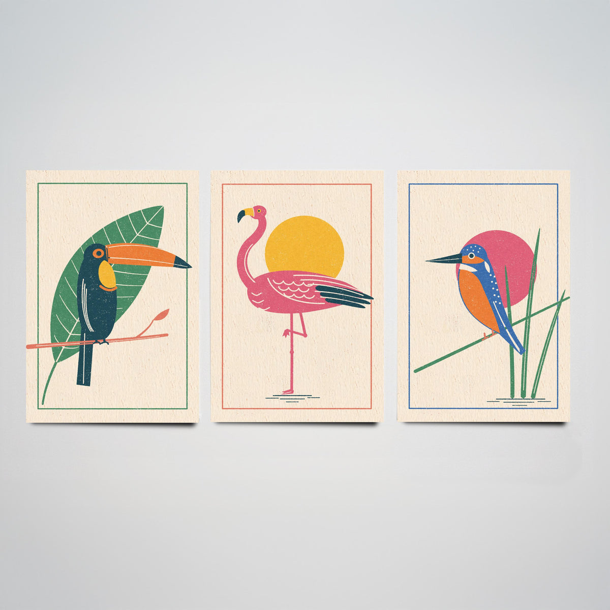 Tropical Bird Set of Three Art Prints - Toucan, Flamingo, Kingfisher - Linocut Style Poster Illustration V1