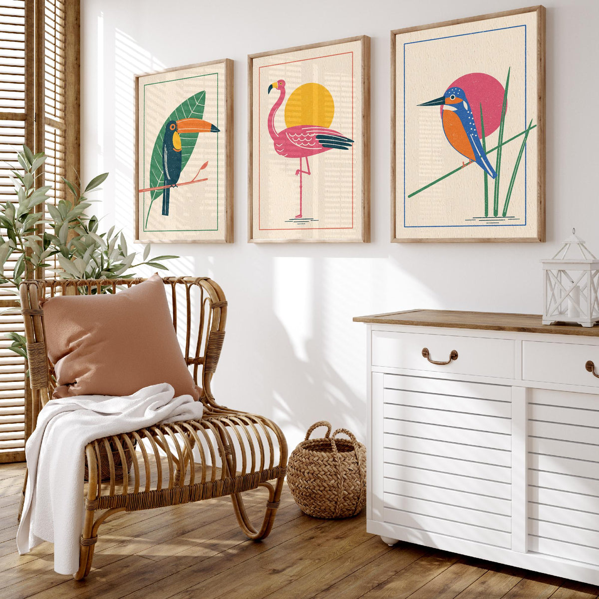 Tropical Bird Set of Three Art Prints - Toucan, Flamingo, Kingfisher - Linocut Style Poster Illustration V1