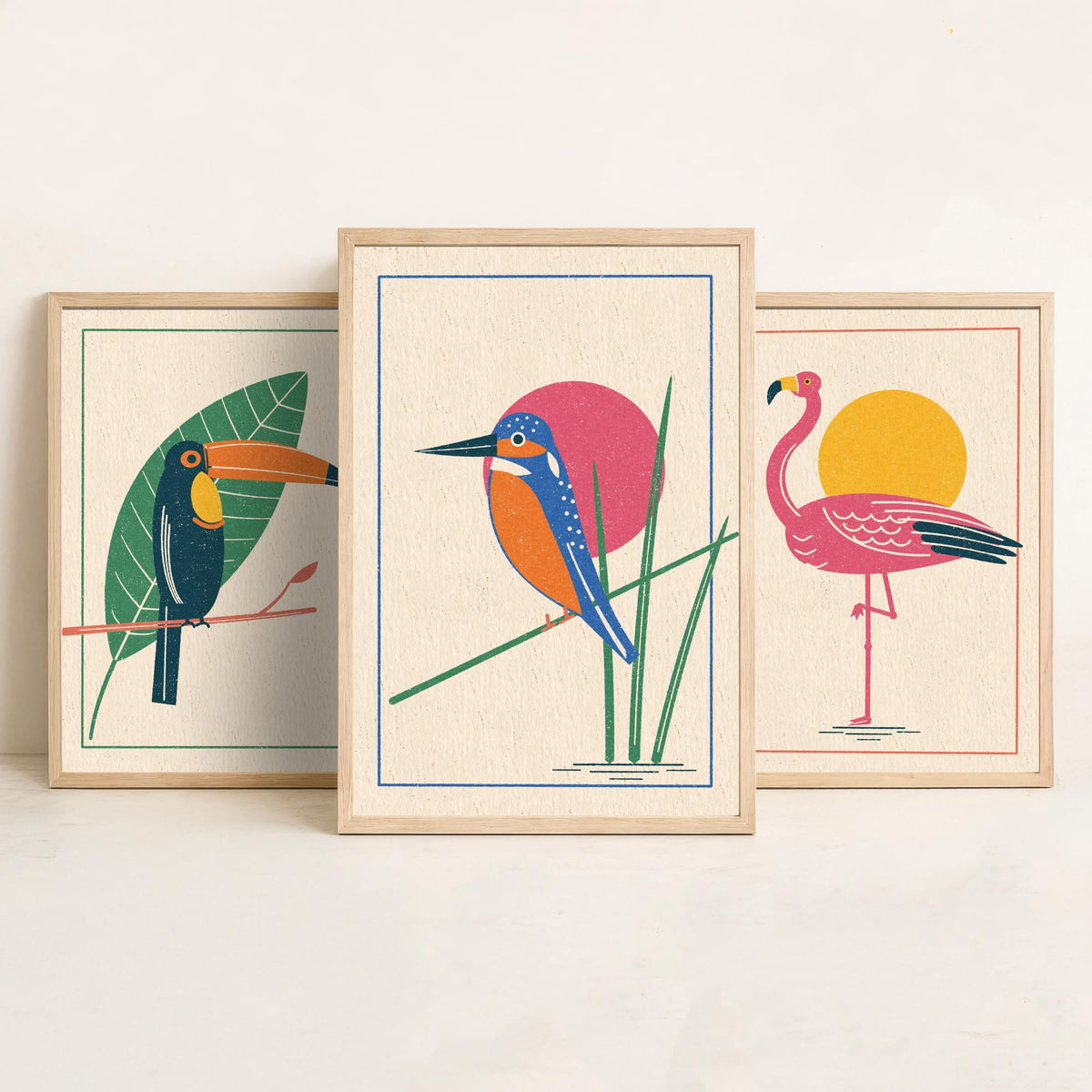 Tropical Bird Set of Three Art Prints - Toucan, Flamingo, Kingfisher - Linocut Style Poster Illustration V1