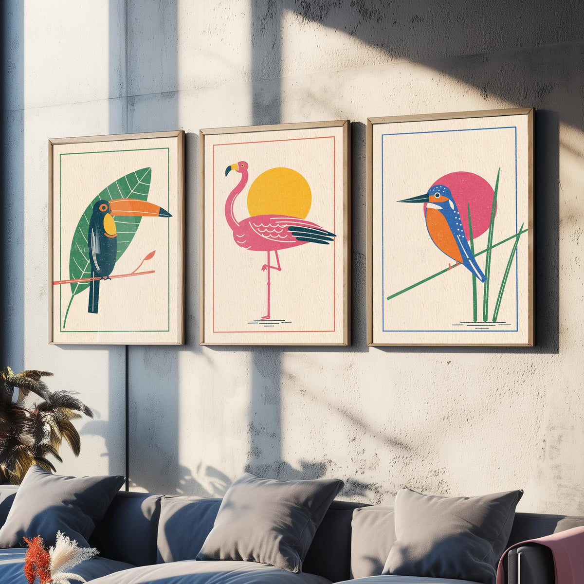 Tropical Bird Set of Three Art Prints - Toucan, Flamingo, Kingfisher - Linocut Style Poster Illustration V1