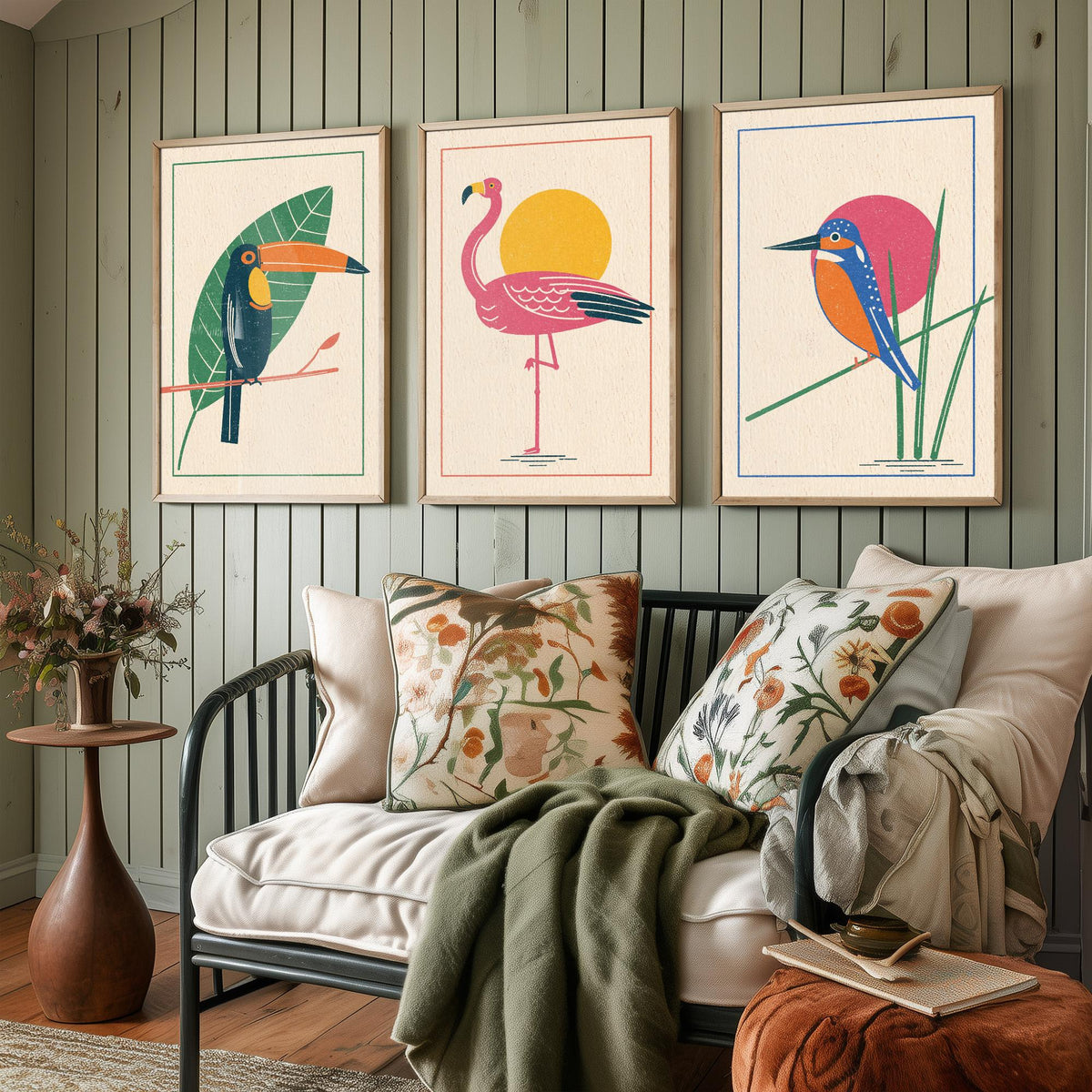 Tropical Bird Set of Three Art Prints - Toucan, Flamingo, Kingfisher - Linocut Style Poster Illustration V1
