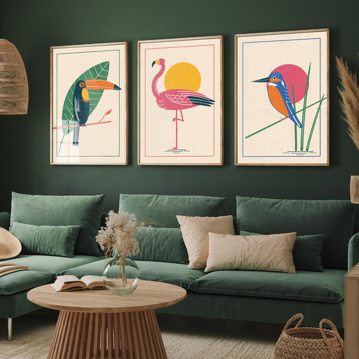 Tropical Bird Set of Three Art Prints - Toucan, Flamingo, Kingfisher - Linocut Style Poster Illustration V1