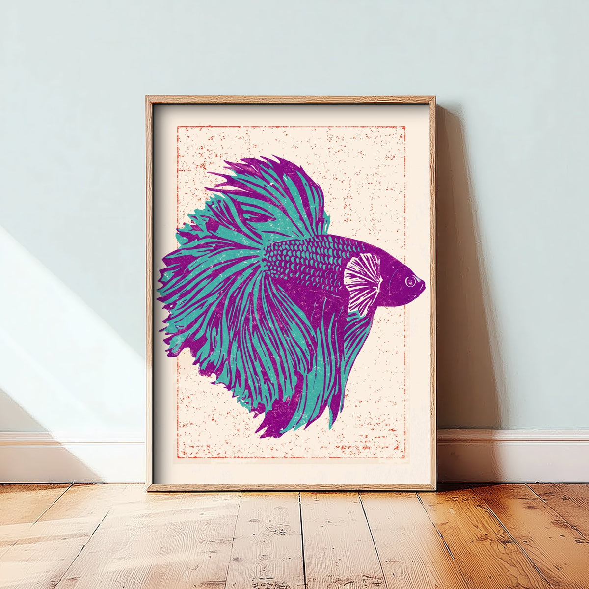 Betta Fish Art Print - Purple and Turquoise Siamese Fighting Fish Poster - Linocut Woodcut Illustration V2 1/3