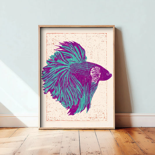 Betta Fish Art Print - Purple and Turquoise Siamese Fighting Fish Poster - Linocut Woodcut Illustration V2 1/3