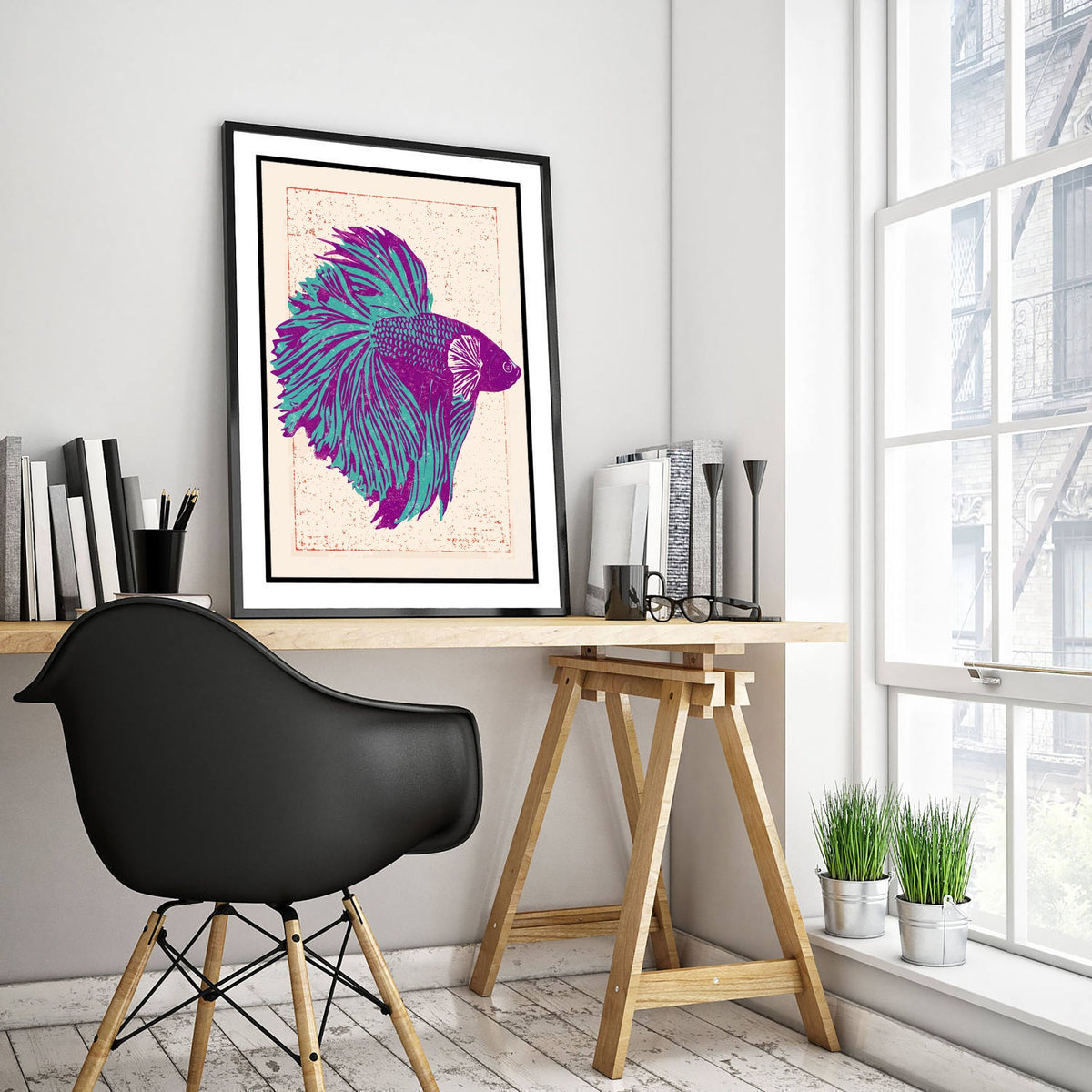 Betta Fish Art Print - Purple and Turquoise Siamese Fighting Fish Poster - Linocut Woodcut Illustration V2 1/3