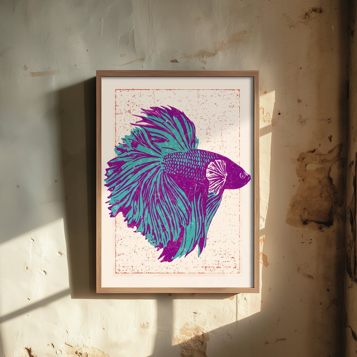 Betta Fish Art Print - Purple and Turquoise Siamese Fighting Fish Poster - Linocut Woodcut Illustration V2 1/3