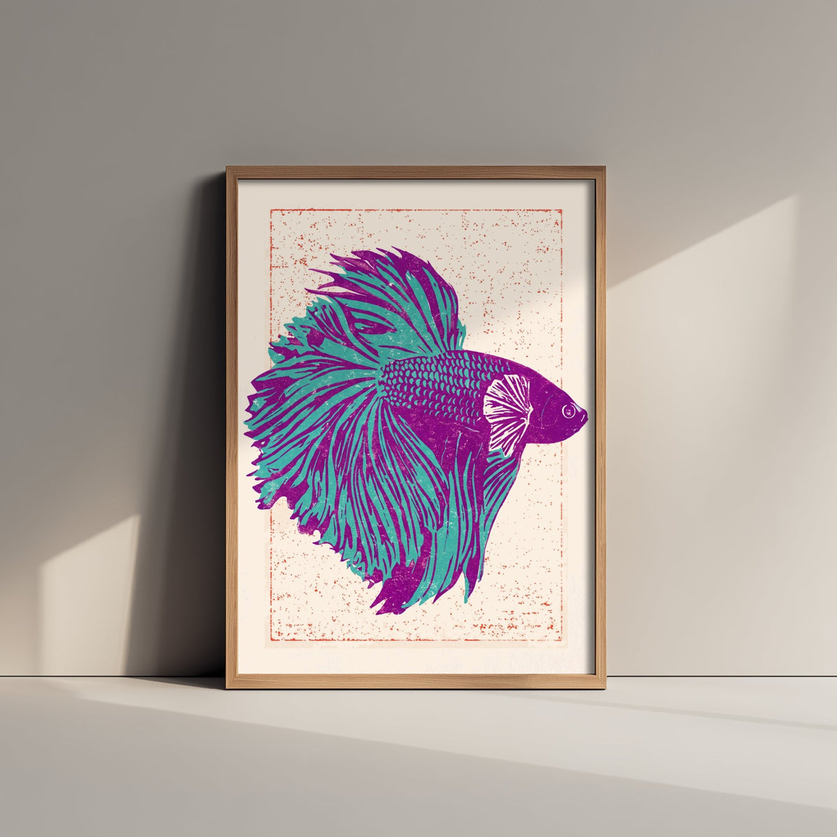 Betta Fish Art Print - Purple and Turquoise Siamese Fighting Fish Poster - Linocut Woodcut Illustration V2 1/3