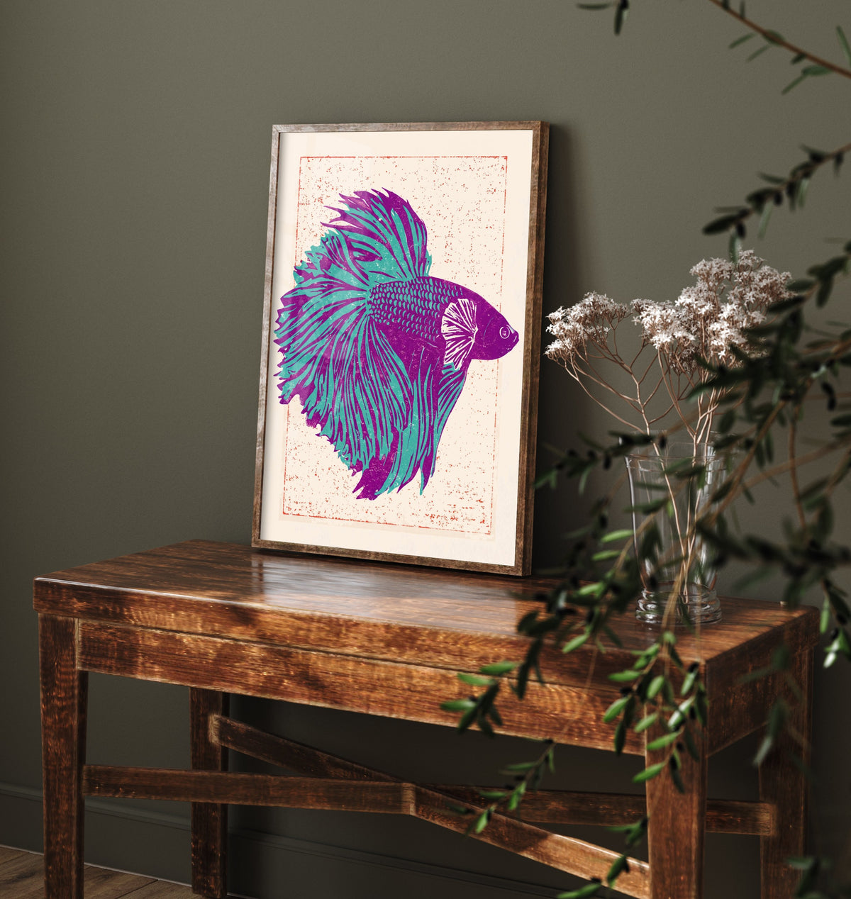 Betta Fish Art Print - Purple and Turquoise Siamese Fighting Fish Poster - Linocut Woodcut Illustration V2 1/3